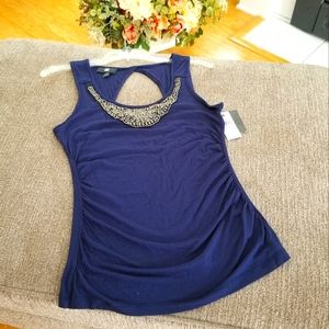 IZ Byer Navy Blue Beaded Knit Top